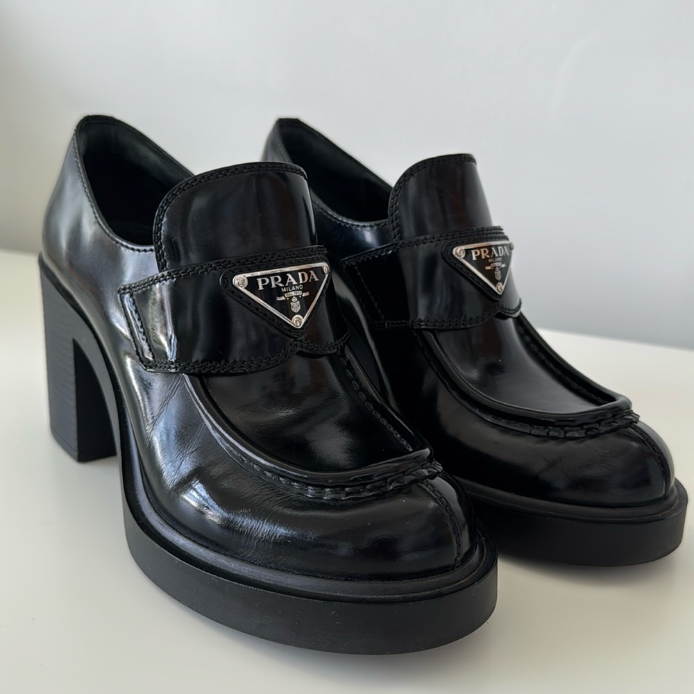 Prada Women's Chocolate Brushed Leather Heeled loafers size 36.5 - Picture 3 of 16